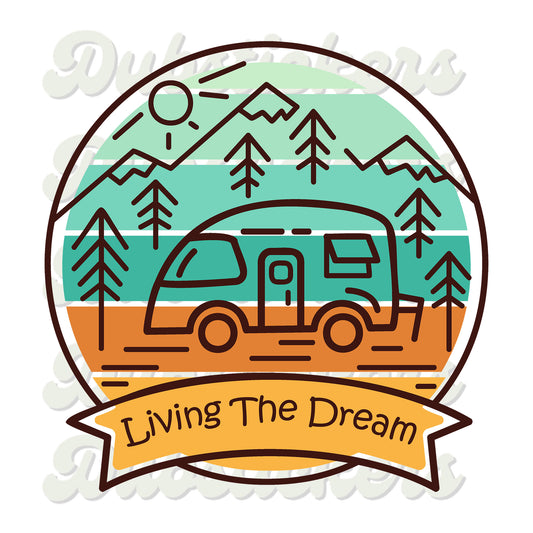 Living The Dream Camper & Mountains Waterproof Printed Colour Vinyl Sticker